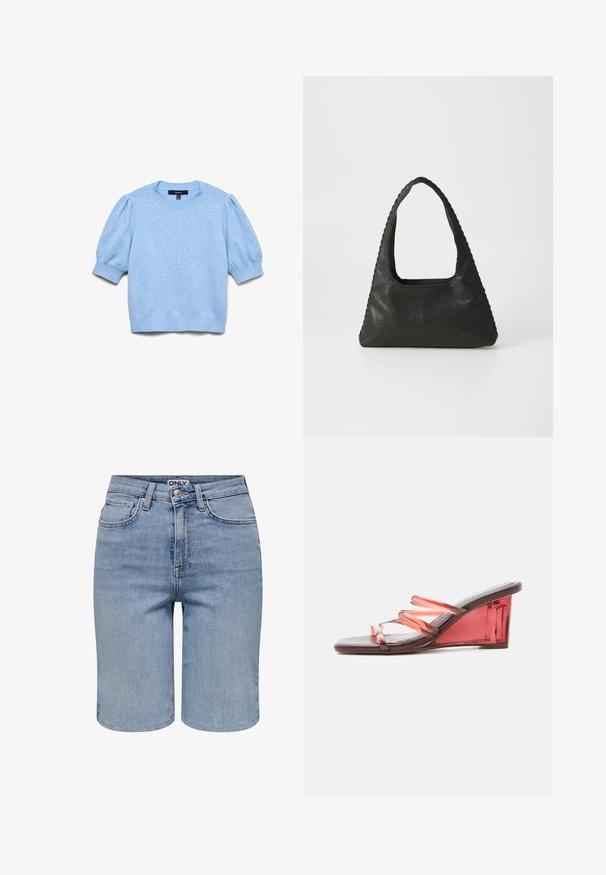 Lichtblauwe gebreide trui met korte opgeblazen mouwen en geribbelde boorden, halslijn en zoom.; Lichtblauwe denim shorts met voorzakken, riemlussen, een metalen knoop en een ritssluiting.; Open-toe sandalen met hak en een doorschijnende rode sleehak en drie dunne, gebogen doorschijnende rode bandjes over de voet.; Zwart leren handtas met een triangulaire vorm, een grote uitsparingshandgreep en gedetailleerde stiksels langs de randen. Glad textuur.