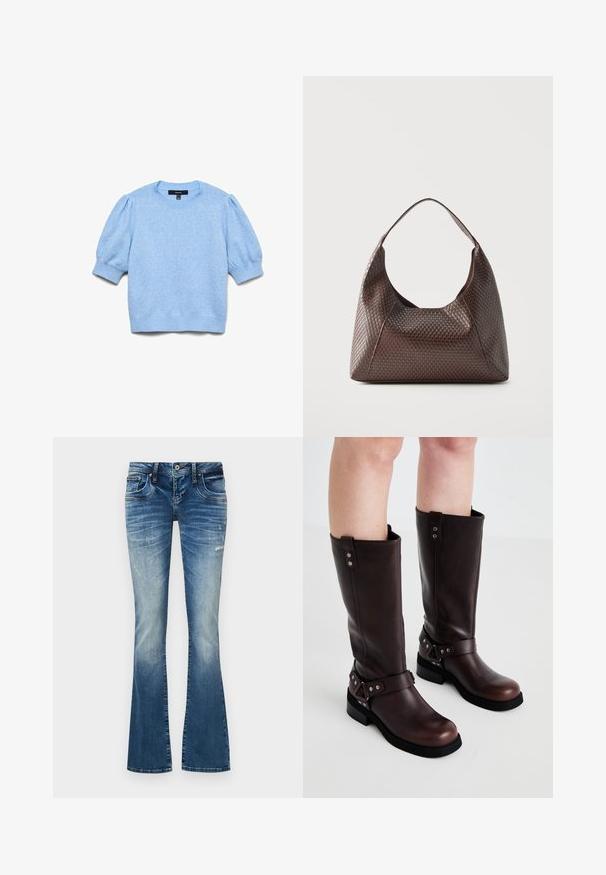 Lichtblauwe gebreide trui met korte opgeblazen mouwen en geribbelde boorden, halslijn en zoom.; Blauwe denim flare jeans met vervaagde en versleten details, met een sluiting van knoop en ritssluiting aan de voorkant, en een vijf-pocket ontwerp.; Bruine leren kniehoge laarzen met een gladde textuur, voorzien van een brede band en driehoekige hardware-accenten, met platte rubberen zolen.; Bruine gevlochten leren schoudertas met een enkele brede riem en een slungelig, halvemaanvormig lichaam.
