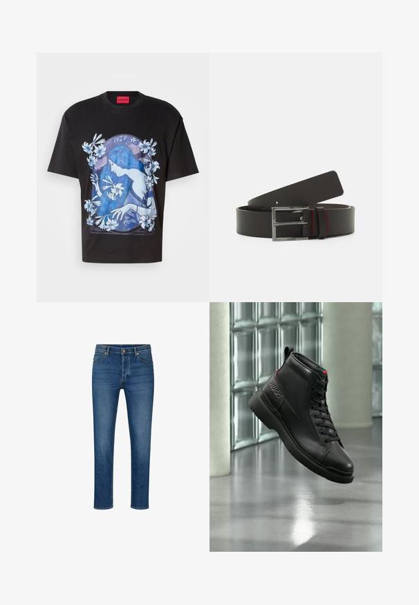 Schwarzes Baumwoll-T-Shirt mit blauem Kunstwerk einer Frau mit Lilien, umrahmt von floralen Mustern. Kurze Ärmel, Rundhalsausschnitt.; Blaue Denim-Jeans mit geradem Schnitt, ausgestattet mit fünf Taschen, Gürtelschlaufen und einem Knopfverschluss. Leichte Abnutzungsspuren und kontrastierende Nähte.; Schwarzer High-Top-Sneaker mit strukturierter Sohle und „HUGO“-Logo an der Seite, vor einem modernen Glasbausteinwand-Hintergrund präsentiert.; Schwarzer Ledergürtel mit einer rechteckigen silbernen Schnalle, verfügt über rote Nähte und eine glatte Textur. Längenverstellbar mit mehreren Löchern.