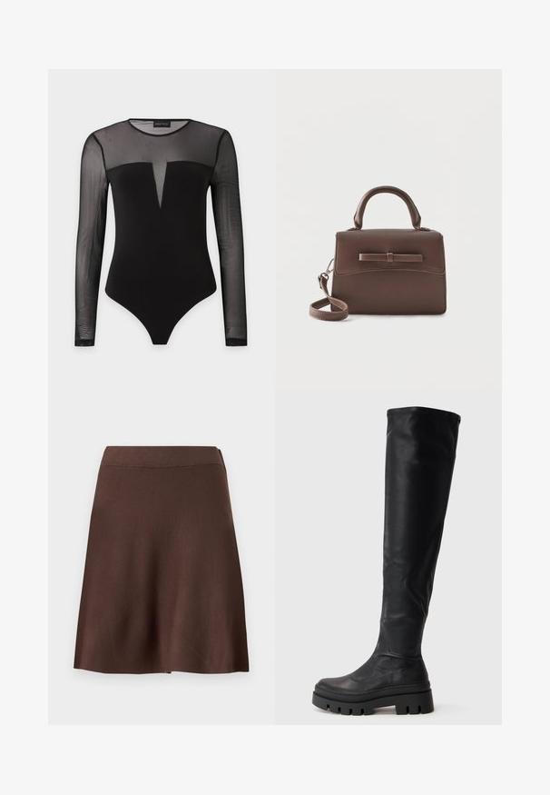 Body noir ajusté avec manches longues transparentes et haut de la poitrine, avec un détail en V profond sur le devant.; Jupe A-line marron avec une taille élastique, texture tricotée lisse et légère évasement au bas, sur un fond clair uni.; Bottes noires hauteur genou avec semelle épaisse et finition lisse, présentant un bout arrondi et une tige légèrement plissée.; Petit sac à main en cuir marron avec poignée supérieure, bandoulière amovible et rabat avant accentué par une bande horizontale en cuir.
