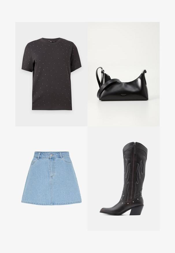 Zwart T-shirt met korte mouwen, voorzien van een ronde halslijn en verspreide metallic studs op de voorkant, gemaakt van zachte katoen.; Lichtblauwe denim A-lijn rok met vooraan knopen en rits, ceintuurlussen en twee voorzakken.; Bruine leren cowboylaarzen met vlamstiksels, zijrits, zilveren studs, spits toelopende neus en gestapelde hak.; Zwarte leren handtas met een gladde textuur. Beschikt over een verstelbare schouderband en een strak, minimalistisch ontwerp met een ritssluiting.