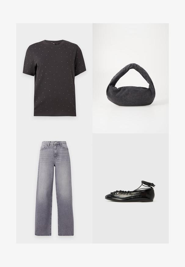 Schwarzes T-Shirt mit kurzen Ärmeln, runder Halslinie und verstreuten metallischen Nietenakzenten auf der Vorderseite, aus weichem Baumwollmaterial gefertigt.; Hochgeschnittene, weit geschnittene Jeans in hellgrauem Denim. Mit klassischem Fünf-Taschen-Design, dezenten Verwaschungen und einem metallischen Knopfverschluss.; Schwarze Ballerinas aus Lackleder mit runder Spitze, Schnürdesign und flacher Sohle. Glatte Textur mit minimaler Verzierung.; Dunkelgraue Stofftasche mit einem gebogenen Griff, weicher Textur und runder Form. Keine sichtbaren Beschläge oder Verzierungen.