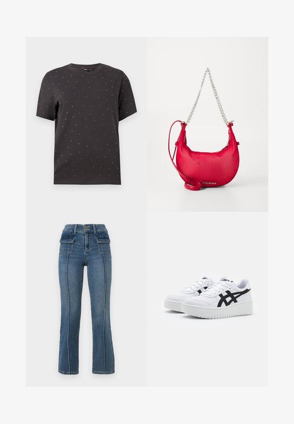 Sort T-shirt med korte ærmer, rund halsudskæring og spredte metalnitte-accenter på forsiden, lavet af blødt bomuldsstof.; ONLY Petite ONLWAUW MID WAIST FLARED - Flared jeans - medium blue denim; Hvide sneakers med en struktureret overflade, sorte sidestrek og en tyk hvid sål. Har snørebåndsdesign og logo på tungen.; Rød mesh håndtaske med en buet form, sølvkædeldetaljer og en justerbar skulderrem. Har et brandingmærke på forsiden.