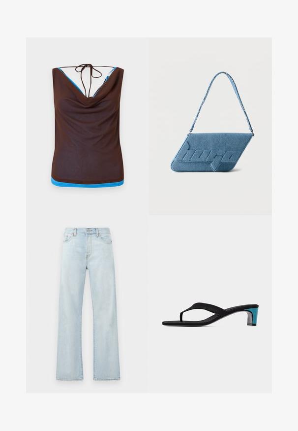 Brun ærmeløs top med sejlskraver, tynde stropper bundet bagpå og lyseblå kant langs halsudskæringen og kanten.; Lyseblå denimjeans med høj talje, vidde ben-design og subtil falming. Har klassisk fem-lommes styling og tonale syninger.; Sort hælet thongsandal med firkantet tå og kort blå blokhæl, minimalistisk design på en ensartet lys baggrund.; Blå denim skuldertaske med en skrå flap og præget "hugo" logo, med matchende denim rem.