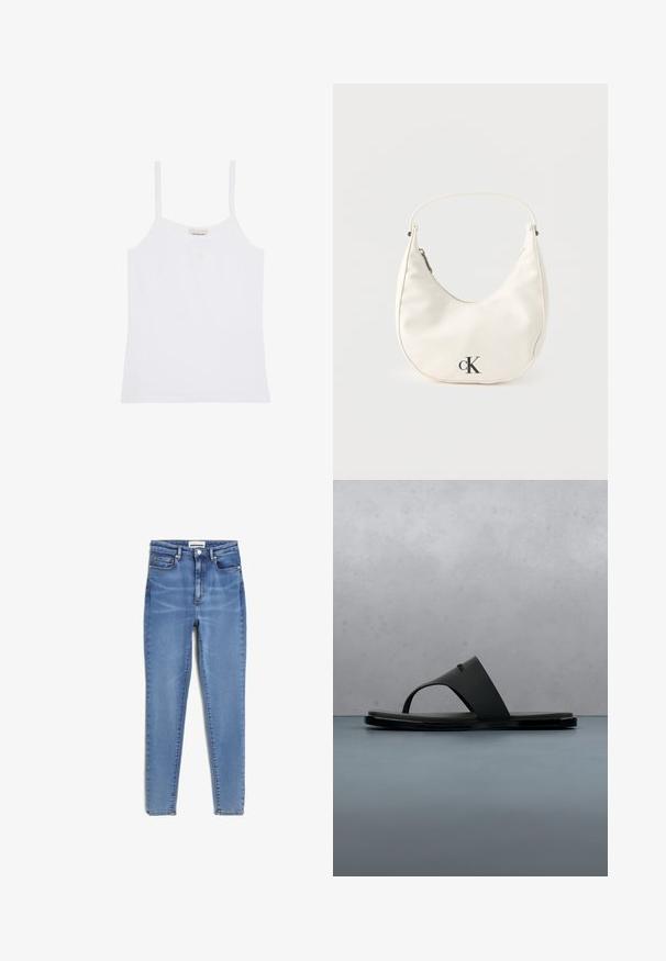 Witte Calvin Klein damestanktop met dunne schouderbandjes en een simpel, aansluitend ontwerp.; Lichtblauwe skinny jeans van denim, met een hoge taille, vijf zakken en koperen hardware. Zachte textuur met een lichte vervaging.; Zwarte Calvin Klein teenslipper die boven houten latten zweeft met kleine stenen eromheen, buiten met wazige groene planten en een betonnen muur op de achtergrond.; Kleine witte handtas in de vorm van een halve maan met een kort hengsel, ritssluiting en zwart "cK" logo aan de voorkant.