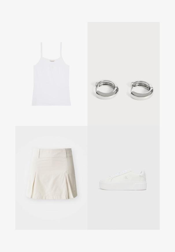 Witte Calvin Klein damestanktop met dunne schouderbandjes en een simpel, aansluitend ontwerp.; Lichtbeige katoenen rok met een aansluitende taille, geplooid ontwerp en rechte zoom, met een soepele textuur en zonder zichtbare hardware.; Witte platform sneakers met een gladleren bovenkant, ronde neus, witte veters en subtiele logodetail aan de zijkant. Platte rubberen zool.; Een paar kleine, glimmende zilveren oorringen met gladde afgeronde oppervlakken op een effen witte achtergrond.