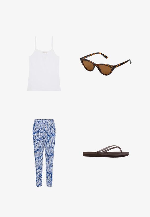Débardeur blanc Calvin Klein pour femme avec fines bretelles et design simple et ajusté.; Pantalon bleu et blanc à motif featuring un design de feuilles, taille élastique et bas resserrés, fabriqué dans un tissu léger et respirant.; Sandale tong en caoutchouc marron avec semelle texturée et fines brides présentant un petit détail métallique décoratif sur le côté.; Lunettes de soleil style œil de chat avec une monture en écaille de tortue noire et orange, verres marron et pointes effilées et élégantes. Présente un logo minimaliste sur la branche.