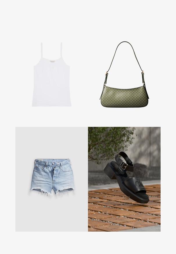 Weißes Calvin Klein Damen-Top mit dünnen Schulterträgern und einfachem, figurbetontem Design.; Hellblaue Jeans-Cut-off-Shorts mit ausgefransten Säumen, fünf Taschen und einem Knopfverschluss. Die Textur ist weich mit einem leicht abgenutzten Aussehen.; Schwarze Leder-Sandale von Calvin Klein mit Knöchelriemen und Schnalle, schwebt über einem Boden aus Holz und Steinplatten im Freien.; Olivgrüne Schultertasche mit schmalem Riemen und leichtem geometrischem Muster, mit goldfarbenen Schnallendetails an jeder Seite.