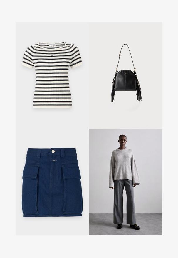 Ribbed knit lyhythihainen paita, jossa on vaakasuorat mustat ja valkoiset raidat, pyöreä kaula-aukko ja pieni logo rinnassa.; Tummansininen farkkuhame, jossa on kaksi suurta etutaskua, metallinen napitus ja suora leikkaus. Hieman teksturoitu kangas.; Harmaa neulepusero, jossa on leveät hihat ja ribbaushelma, yhdistettynä korkeavyötäröisiin harmaisiin housuihin, joissa on hillitty ruutukuvio, sekä mustiin loafer-kenkiin.; Musta nahkainen käsilaukku, jossa kaareva muoto, pitkä säädettävä hihna ja hapsu koristelu molemmilla sivuilla vaaleaa taustaa vasten.