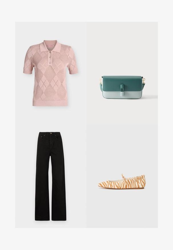 Polo en maille rose clair à manches courtes avec motif losanges et trois boutons décoratifs sur la patte de boutonnage.; Jean noir à jambes larges en tissu résistant. Doté d'une fermeture à bouton à l'avant, de passants de ceinture et de deux poches avant. Texture lisse et uniforme.; Ballerine plate à bout pointu couleur crème avec un motif de rayures tigre orange, dotée d'une bride latérale avec une boucle décorative, tige en tissu doux et semelle plate.; Sac à main rectangulaire en cuir vert bicolore avec fermeture à rabat, boucle frontale et bandoulière amovible avec attaches dorées.
