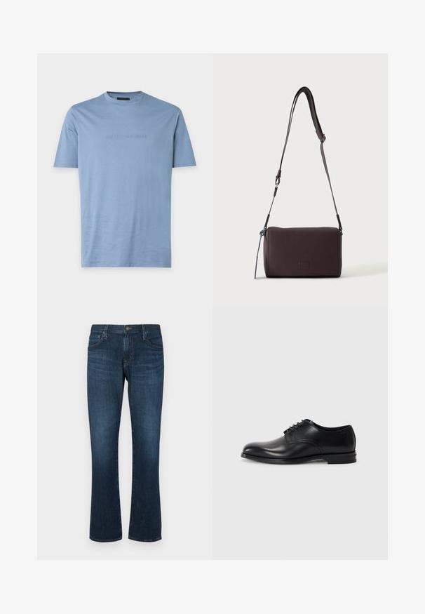 Lyseblå T-shirt med korte ærmer og rund halsudskæring med subtilt prægede Emporio Armani-logo i midten af brystet.; Mørkeblå denimjeans med lige ben-design, fem lommer og metalknap-lukning. Glat tekstur med subtil falming.; Sorte læderherresko med rund tå, snørebåndsdesign, glat overflade og en lavprofil gummisål. Minimal syning detaljer.; Mørkebrun textured læder crossbody taske med justerbar rem og lille dekorativ blå accent på siden.