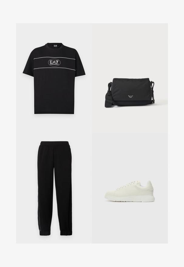 Sort T-shirt med korte ærmer med hvide horisontale linjer og ovalt logo med teksten "EA7 Emporio Armani" centreret på brystet.; Sorte joggingbukser lavet af blødt stof, med elastisk talje, afsluttede benkant og sidenetpaneler for ekstra ventilation.; Hvide lædersneakers med struktureret overdel, rund tå, flad hvid sål og tonede snørebånd. Subtil branding på tungen.; Sort crossbody taske med justerbar rem og lille sølv logoemblem på frontklap, vist på ensartet lyst baggrund.