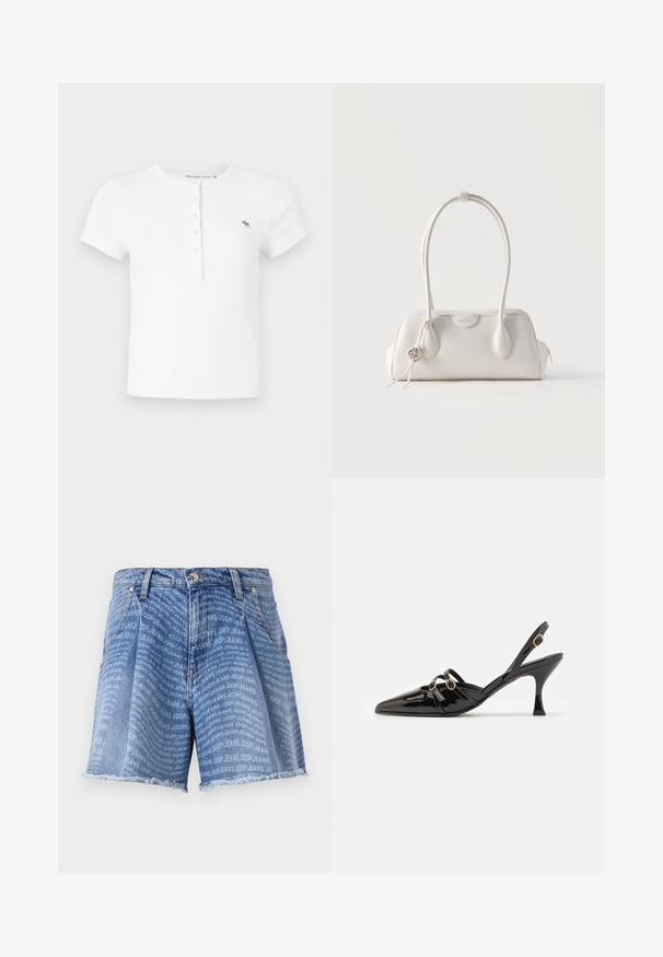 Hvid kortærmet ribstrikket t-shirt med rund halsudskæring og knapstolpe, med en lille grønt broderet logo på venstre bryst.; Lysblå denimshorts med en falmet vask, der har et gentaget "JOOP! JEANS" print over det hele. Den frynsede kant tilføjer tekstur.; ALOHAS JOELLE ONIX - Pumps - black; Lille hvid læderhåndtaske med to lange håndtag, sølv logo vedhæng og en lynlåslukning på hver side, sat mod en ensfarvet hvid baggrund.