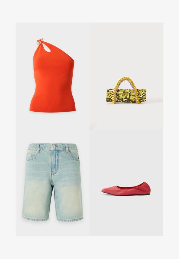 Knallig orangefarbiges ärmelloses Top mit einem Schulterträger, kleinem Schlüsselloch-Ausschnitt nahe dem Hals und zwei goldenen Zierknöpfen.; Hellblaue Denim-Shorts mit einem verblassten Finish, ausgestattet mit einem Fünf-Taschen-Design, sichtbaren Nähten und einem Metallknopfverschluss am Bund.; Filippa K REY FLATS - Klassischer Ballerina - bright red; Rechteckige Tasche mit gelbem und schwarzem Blumenmuster und geflochtenem gelb-pinkem Griff auf weißem Hintergrund.