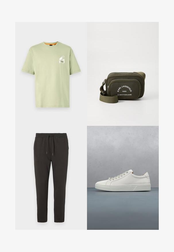 Lys grøn bomuld t-shirt med rund hals, korte ærmer og et hvidt logo trykt på brystlommen. Glat tekstur og afslappet pasform.; Mørkegrå sweatpants lavet af blødt stof, med en elastisk talje med snøre, tætsiddende ben og elastiske manchetter ved anklerne.; Hvid lædersneaker med rund tå, minimalistisk design, grå snørebånd og en tekstureret grå gummisål. Subtile syningsdetaljer er synlige.; Oliven grøn crossbody taske lavet af tekstureret materiale, med to lynlåskompartments og hvid trykt branding på forsiden. Justerbar rem.
