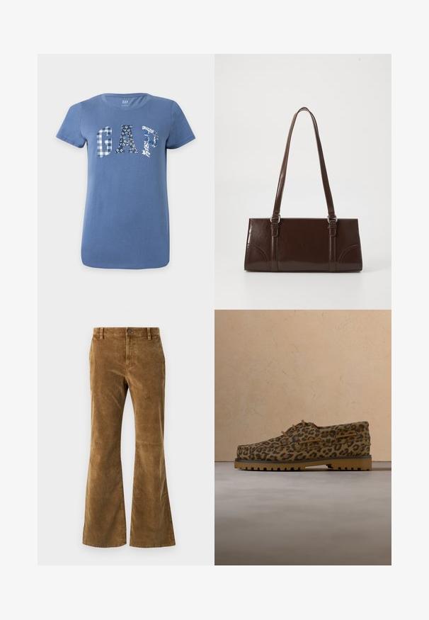 T-shirt bleu à manches courtes avec "GAP" en grandes lettres sur la poitrine, chaque lettre présentant un motif bleu et blanc différent.; Pantalon évasé en velours côtelé marron avec une texture lisse, des poches avant et une fermeture à bouton. Présente un motif côtelé vertical sur toute la surface.; Mocassins à imprimé léopard marron et noir, semelle épaisse en caoutchouc beige, et lacets marron, posés sur un tapis beige devant un canapé beige.; Sac à main en cuir verni marron de forme rectangulaire, avec deux longues poignées et des accents courbés subtils à l'avant.
