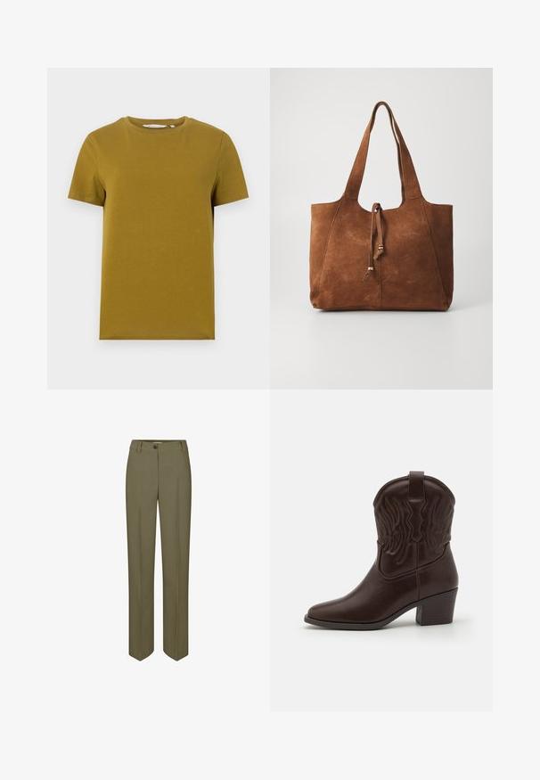 T-shirt jaune moutarde à manches courtes en coton lisse. Présente un col rond et un ourlet droit avec des détails de couture minimalistes.; Pantalons ajustés vert olive avec une jambe droite, fermeture à un bouton et deux plis avant, présentant une texture lisse et tissée.; Bottes de cowboy en cuir marron avec des bouts pointus, des motifs d'ailes gaufrés, un talon bloc de hauteur intermédiaire et une languette à l'arrière.; Sac fourre-tout en daim marron avec deux longues poignées, fermeture à cordon et texture lisse. Présente un design simple et des accents minimaux.