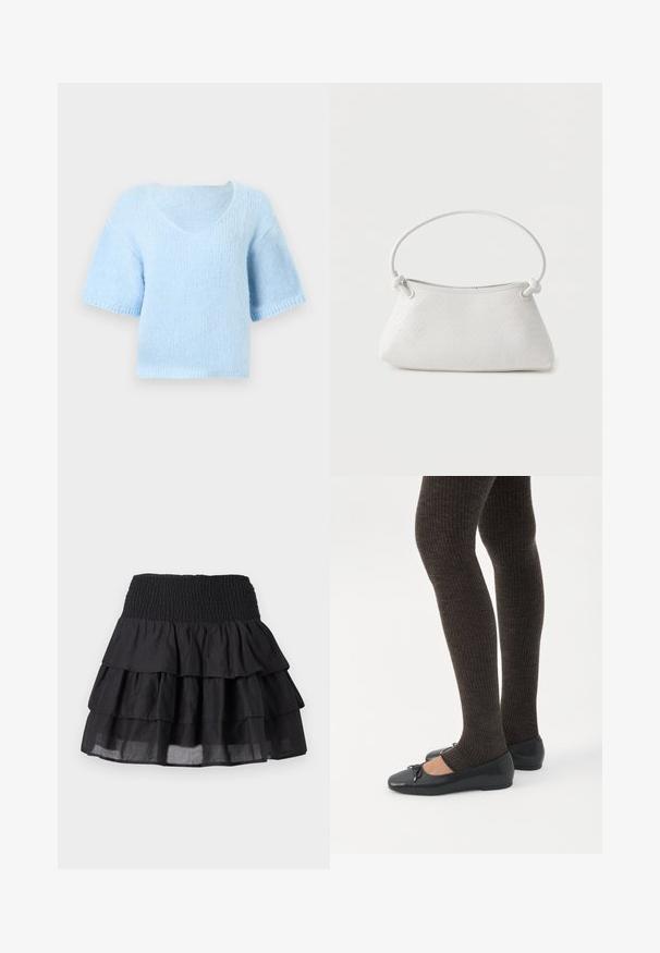 Blød lyseblå strikket kortærmet sweater med V-hals og en let cropped pasform på en ensfarvet baggrund.; Sort lagkagedræk med en smocket talje. Har tre lag af flæser og et let stof for en svævne udseende.; Ben iført mørke ribbede leggings kombineret med sorte balletsko med små sløjfedetaljer på hvid baggrund.; Hvid fletlæderhåndtaske med afrundet håndtag og ender på remmen, der er knyttet, vist mod en ensfarvet baggrund.