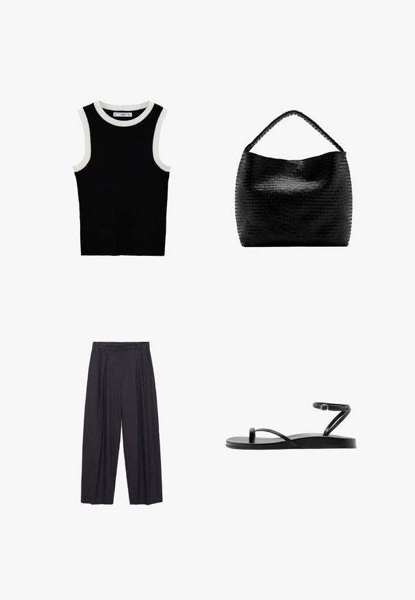 Black sleeveless top with a textured knit design, featuring white ribbed accents at the neckline and armholes. Classic and fitted shape.; Wide-leg pants in dark navy fabric with subtle vertical stripes, featuring a button closure and a structured waistband.; Black flat sandal with thin straps, toe loop, and ankle strap with a small round buckle, shown in side profile.; Black woven handbag with a single braided handle and a wide, soft rectangular body against a white background.