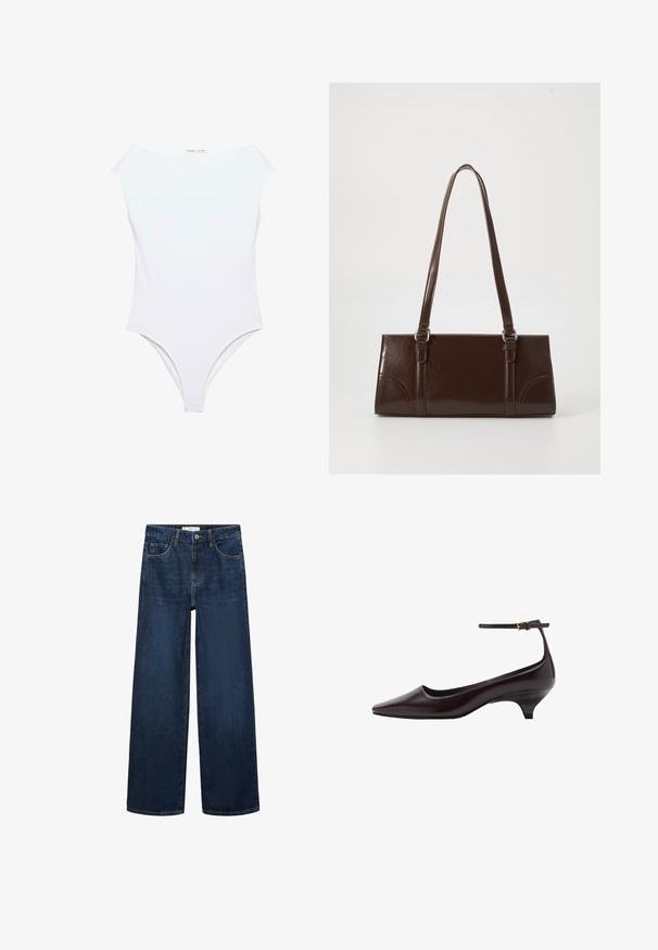 Wit mouwloos bodysuit met een hoge boothals en een broekje in stringstijl.; Brede donkerblauwe denim jeans met hoge taille, voorzien van vijf zakken en een klassieke knoopsluiting. Glad textuur en rechte snit.; Donkerbruine leren kittenheel schoenen met een spitse neus, een dunne enkelband en een kleine gouden gesp.; Bruine lakleren handtas met een rechthoekige vorm, twee lange handvatten en subtiele gebogen accenten aan de voorkant.