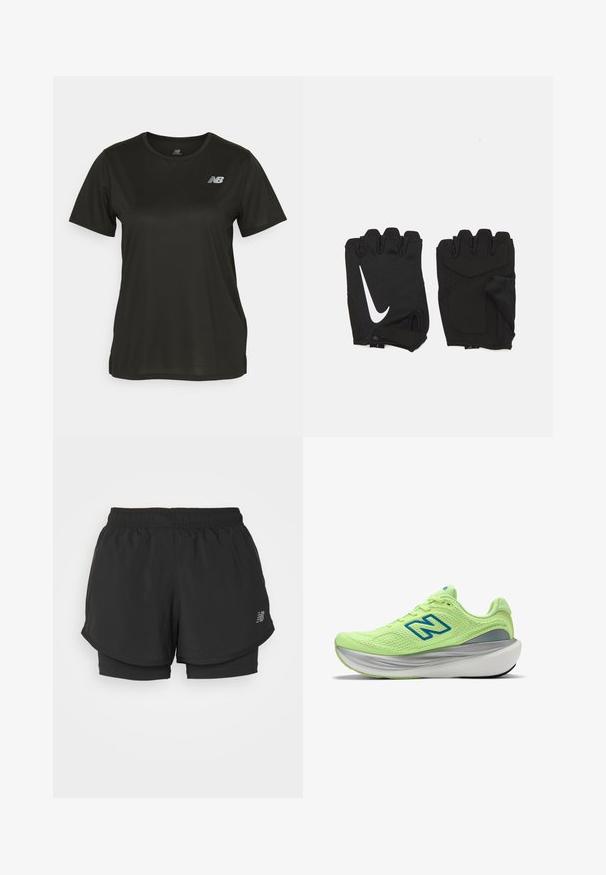 T-shirt noir à manches courtes en tissu lisse, avec un col rond et un logo blanc réfléchissant sur la poitrine gauche.; Shorts de sport noirs avec une taille élastique, présentant un design superposé et une doublure intérieure. Le tissu semble léger et lisse.; Chaussure de course vert clair avec une tige en mesh, logo "N" bleu, soutien du talon gris, et semelle blanche épaisse.; Gants de gym sans doigts noirs en tissu respirant, avec un logo blanc Nike, des paumes rembourrées et un design ouvert au niveau du poignet pour plus de flexibilité.