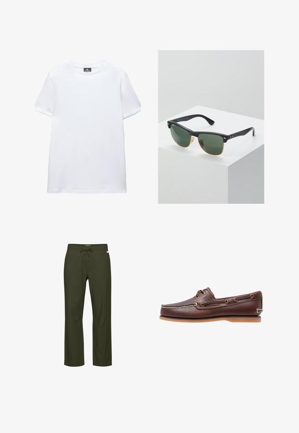 Einfaches weißes T-Shirt mit kurzen Ärmeln und Rundhalsausschnitt mit einem schwarzen Pull&Bear-Etikett innen am Kragen, abgebildet auf weißem Hintergrund.; Olivegrüne Hose mit Kordelzugbund, geradem Bein, weicher Stoffstruktur und einem dezenten Logotag vorne.; Brauner Leder-Bootsschuh mit weißen Nähten, Schnürdetails und hellbrauner Gummisohle, seitlich auf weißem Hintergrund gezeigt.; Ray-Ban Sonnenbrillen mit grünen Gläsern, schwarzen Kunststoffrahmen und goldenen Akzenten an den Rändern. Quadratische Form mit matter Oberfläche.