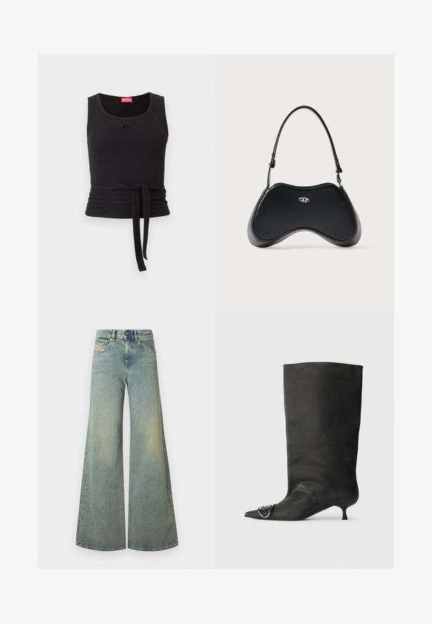 Crop top noir sans manches en côte, avec encolure ronde, ceinture à nouer sur le côté et petit logo Diesel sur la poitrine.; Jeans larges bleu clair à taille haute, avec un design classique à cinq poches et un léger délavage. Texture en denim, finition unie.; Bottines en cuir noir à bout pointu, petite talon et détail métallique sur le bout. Texture lisse et mate partout.; Sac à main en similicuir noir avec une forme incurvée unique, une poignée courte et un détail de logo argenté sur le devant. Texture lisse, design minimaliste.