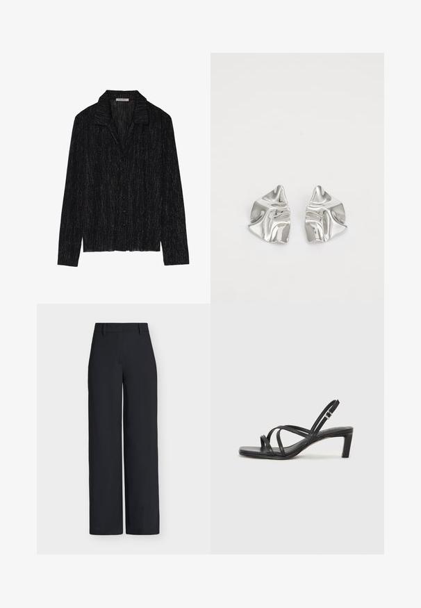 Schwarze Langarmjacke mit einer strukturierten, glitzernden Oberfläche. Besitzt einen Kragen und eine Knopfleiste.; Schwarze, hoch taillierte, weit geschnittene Hose mit Gürtelschlaufen und verdecktem vorderem Verschluss.; Schwarze Sandale mit Riemchen, quadratischer Zehenform und niedrigem Blockabsatz. Verfügt über mehrere dünne Riemen und einen verstellbaren Knöchelriemen. Hergestellt aus glattem Leder.; Silberne Metallohrringe mit einem wellenförmigen, skulpturalen Design, das eine polierte Oberfläche und unregelmäßige Formen aufweist, die eine zeitgenössische Ästhetik betonen.