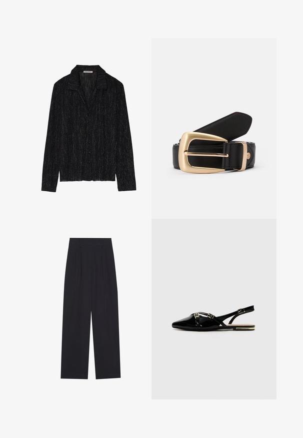 Chaqueta negra de manga larga con una superficie texturizada y brillante. Presenta un cuello con solapa y un cierre de botones en el frente.; Pantalones anchos negros de tela suave, con pliegues, cinturilla plana y sin bolsillos ni adornos visibles.; Zapatos slingback de charol negro con punta afilada, que cuentan con dos hebillas doradas y un tacón pequeño. Textura suave y diseño minimalista.; Cinturón de cuero negro con una hebilla rectangular dorada. El cinturón presenta una textura suave y un sutil detalle de costura a lo largo de los bordes.