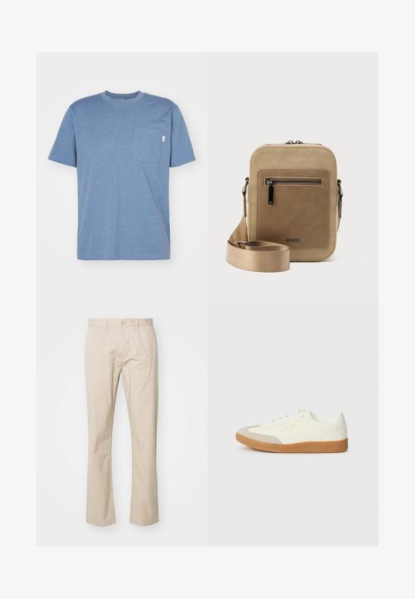 Blauwe t-shirt met korte mouwen van zacht materiaal, voorzien van een borstzak en een ronde hals. Eenvoudig ontwerp zonder extra patronen.; Beige katoenen chinos met een recht gesneden ontwerp, met een knoopsluiting en subtiele plooien voor textuur. Glad stof en strakke lijnen.; Schoen gemaakt van wit leer met een beige teenkap en een lichtbruine rubberen zool. Voorzien van platte witte veters en reliëfbranding aan de zijkant.; Kleine beige crossbodytas met een voorvak met ritssluiting, metalen ALDO-logo, verstelbare brede band en afgeronde rechthoekige vorm op een witte achtergrond.