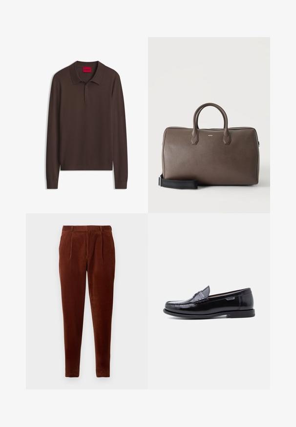 Mørkebrun langærmet polo med krave, to-knaps placket og rød Hugo-mærke indeni kraven.; Brune corduroy bukser med lige pasform, featuring frontfolder, to sidelommer og en glat tekstur. Velegnet til afslappet brug.; Sorte læderloafer med en blank finish, der har et syet mønster på tåen og en lav, tekstureret sort gummisål.; Brun læder duffel taske med to håndtag, en sort justerbar skulderrem og et lille "BOSS" logo på fronten i midten.