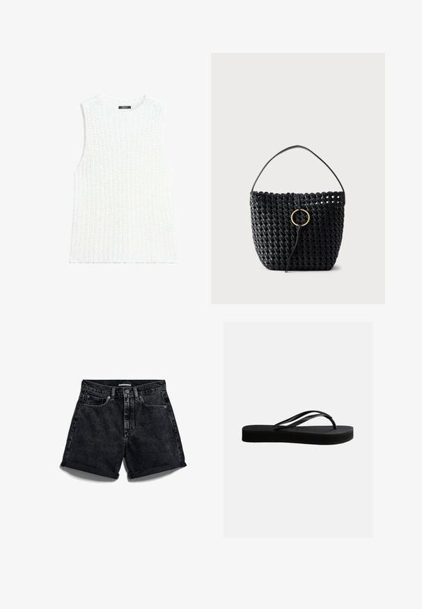 Weißes gestricktes ärmelloses Pulloverweste mit rundem Ausschnitt und strukturiertem Rippenmuster.; Schwarze Denim-Shorts mit hoher Taille, umgeschlagenen Säumen und Fünf-Taschen-Design. Mit Knopfverschluss und Kontrastnähten.; Schwarze Gummiflips mit strukturierter Sohle und Y-förmigem Riemen, seitliche Ansicht vor schlichtem hellem Hintergrund.; Schwarze gewebte Lederhandtasche mit einem einzelnen Riemen und einem zentralen goldenen runden Schnallverschluss vor einem einfarbigen hellen Hintergrund.