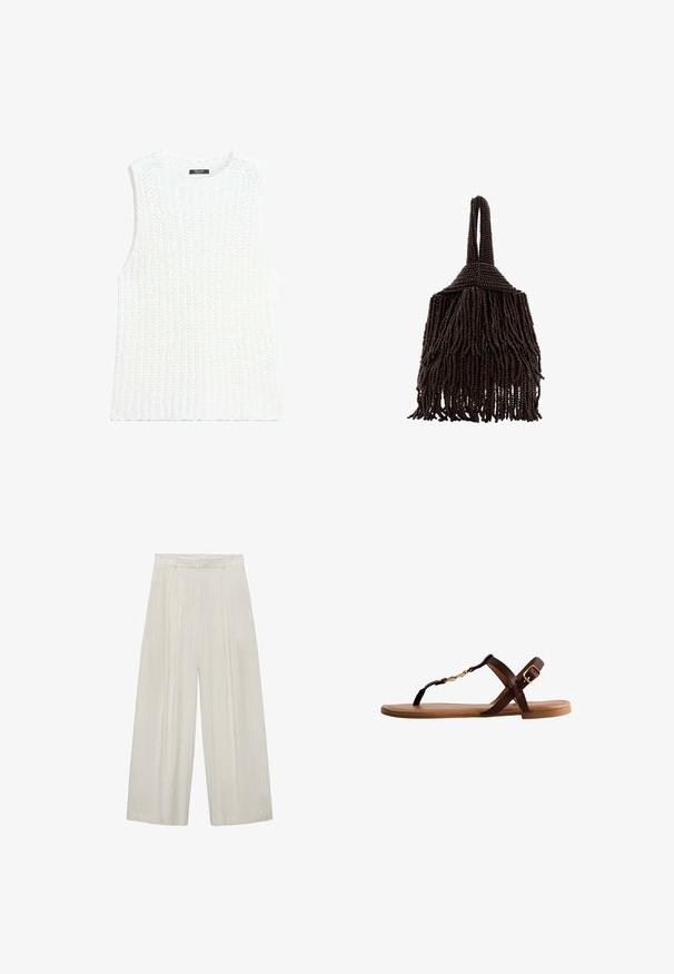 Hvid strikket ærmeløs sweatervest med rund halsudskæring og tekstureret ribmønster.; Bredde bukser i lys beige med lodrette hvide striber. Har høj talje, plisseret front og glat tekstur.; Brun flad sandal med tynde remme, guldkæde-detalje og justerbar spænde på en tan sål mod hvid baggrund.; Lille mørkebrunt håndtaske dækket af tætte perlestrenge med et løkkehåndtag og et frynset, tekstureret design.
