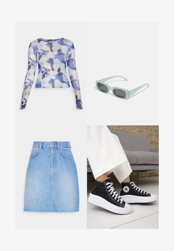 Noisy May NMJUDITH - Pikkade varrukatega topp - pearled ivory/petal; Hele sinine teksaseelik sirge lõikega, ees nupuvajutus ja kaks külge taskut. Hem on veidi kulunud, et anda juhuslik ilme.; Mustad kõrge säärega tossud valgete kummist tallade ja paeltega. Omad ümmargust logomärki ja kontrastset valget õmblust. Materjaliks lõuend.; Kaks ümmargust päikeseprilli, millel on helesinised poolläbipaistvad raamid ja tumehallid objektiivid, sirged tempud ja minimaalsete detailidega riistvara.