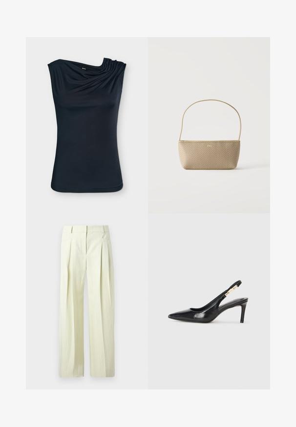 Top negro de mujer sin mangas con escote asimétrico y sutil detalle drapeado en un lado, etiquetado BOSS.; Pantalones de pierna ancha color crema con sutiles rayas verticales, pinzas delanteras, bolsillos laterales y trabillas para cinturón.; Zapato de tacón alto de cuero negro con tirante trasero, punta afilada, textura suave y una correa estrecha en el tobillo con acentos de hardware dorado.; Bolso tejido beige con correa delgada para el hombro y pequeño logo dorado "BOSS" en el frente, presentado sobre un fondo blanco liso.