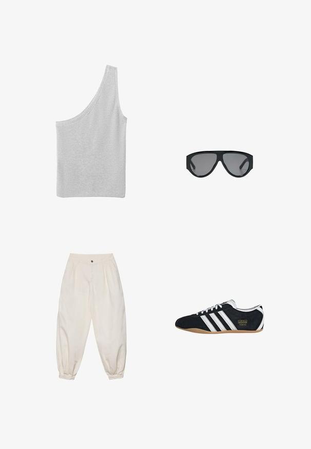 Débardeur en maille côtelée gris clair avec une épaule dénudée et un décolleté asymétrique.; Pantalon blanc taille haute à jambes fuselées, avec plis, bouton à l'avant, poches latérales et bas élastiqués resserrés aux chevilles.; Sneakers en suede noir avec trois bandes blanches, logo doré et semelle en caoutchouc marron. Présente un design à lacets à profil bas.; Lunettes de soleil aviateur noires oversize avec des verres teintés foncés, affichées sur fond blanc.