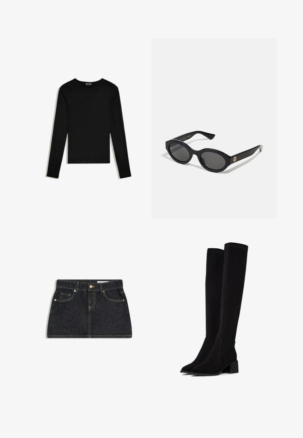 Sort langærmet crew neck-shirt, ensfarvet design, lagt fladt på en hvid baggrund.; Sort denim mininederdel med frontlommer, bæltestropper, knaplukning og kontrastsyning på hvid baggrund.; Sorte over-kneeboots lavet af blødt, tekstureret materiale. Har en blokhæl, spids tå og synlige sømdetaljer.; Sorte ovale solbriller med mørke linser og blank plastramme. Har et guldlogo på stykket, hvilket giver et slankt og moderne design.
