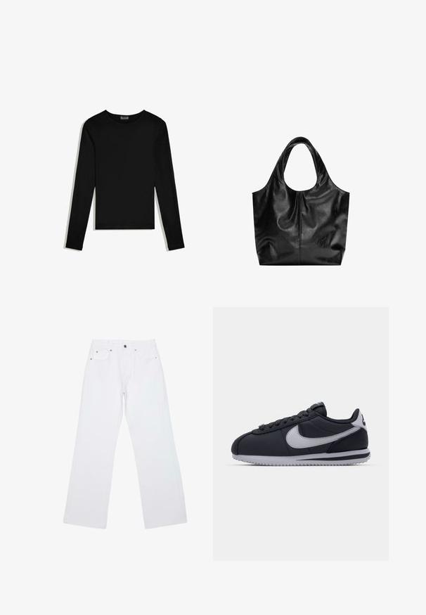 Sort langærmet crew neck-shirt, ensfarvet design, lagt fladt på en hvid baggrund.; Hvide jeans med lige ben, fem lommer, bæltestropper og lukning foran med knap og lynlås, lagt fladt på en hvid baggrund.; Sort atletisk sko med grå accenter, glat syntetisk overdel, tekstureret sål, afrundet tå og flade snørebånd. Klassisk design med logodetalje.; Sort læder tote taske med en glat overflade, en blød, afrundet top og brede håndtag. Har minimal syning og en afslappet silhuet.