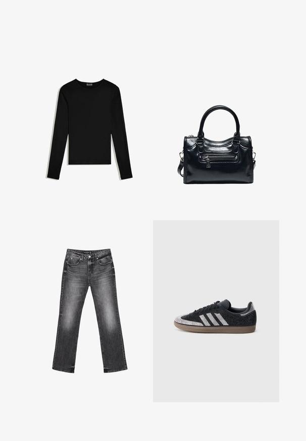 Schwarzes Langarmshirt mit Rundhalsausschnitt, schlichtes Design, flach auf weißem Hintergrund laid.; Schwarze Denim-Jeans mit geradem Bein, verblasstem Design und fünf Taschen. Mit Gürtelschlaufen und Reißverschluss.; Schwarzer Sneaker mit funkelnden silbernen Akzenten und drei weißen Streifen. Verfügt über ein niedriges Design, eine strukturierte Oberseite und eine braune Gummisohle.; Schwarze glänzende Lederhandtasche mit zwei Griffen, vorderer Reißverschlusstasche und abnehmbarem Schulterriemen auf weißem Hintergrund.