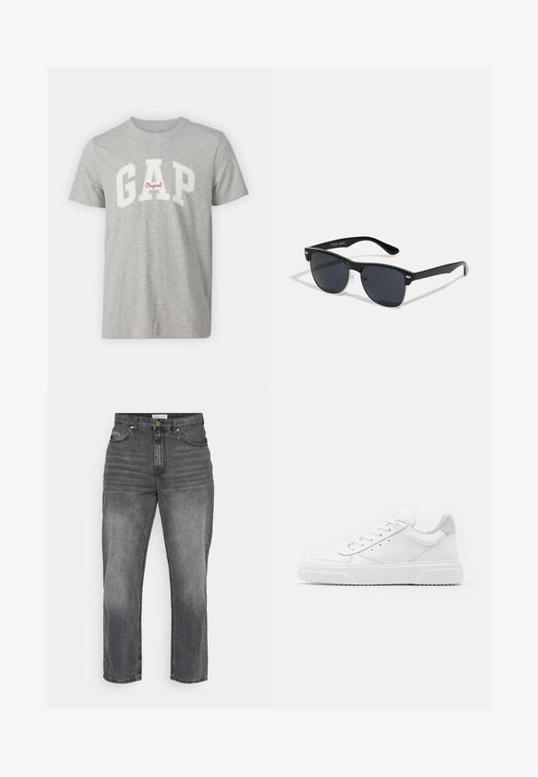 Graues Baumwoll-T-Shirt mit Rundhalsausschnitt, kurzen Ärmeln und großem weißen "GAP"-Logo mit rotem "Original"-Schriftzug.; Graue Denim-Jeans mit gerader Passform, ausgestattet mit einem ausgewaschenen Finish, Fronttaschen und einem Knopfverschluss. Einfache Nähte und Saumdetails.; Weiße Leder-Sneaker mit glatter Oberfläche, rundem Zehenbereich, flachen Schnürsenkeln und strukturiertem Schuhsohlen. Graues Wildleder-Detail an der Ferse.; Schwarze Sonnenbrille mit rechteckiger Form, dunklen Gläsern, silbernen Akzenten an den Bügeln und mattierter Oberfläche des Rahmens.