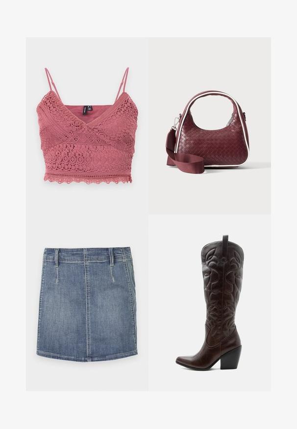 Bralette en crochet rose pâle avec des bretelles spaghetti réglables, un ourlet festonné et des motifs en dentelle complexes sur tout le tissu.; Jupe en denim mini de couleur bleu clair avec une coupe classique. Dispose de poches avant et de passants de ceinture, avec un ourlet droit et un léger délavage.; Botte de cowboy haute en cuir marron foncé avec motifs décoratifs cousus, bout pointu et talon bloc empilé.; Sac à main en cuir tressé marron foncé avec poignée courbée, garniture blanche, fermeture éclair argentée et bandoulière large en tissu amovible sur fond uni.