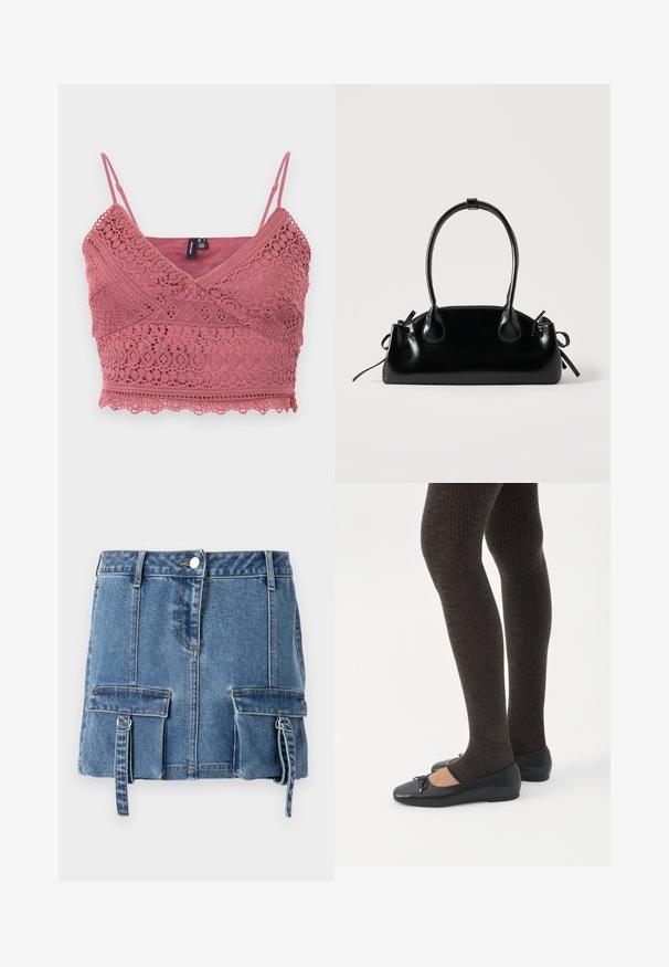 Roosa roosa heegeldatud bralette, millel on reguleeritavad spagetitraksid, sakiline äär ja keerukad pitsimustrid kogu kangas.; Kergelt sinine teksaseelik, millel on kõrge vöökoht, ees nuppude sulgemine ja kaks esikotti, millel on reguleeritavad rihmad.; Jalad seljas tumedad soonelises soonelises kombines mustade baleriinadega, millel on väikesed paelade detailid valgel taustal.; Väike must läikiv käekott kahe pika sangaga ja külgedel paelakinnitustega, ühel lihtsal helel taustal.