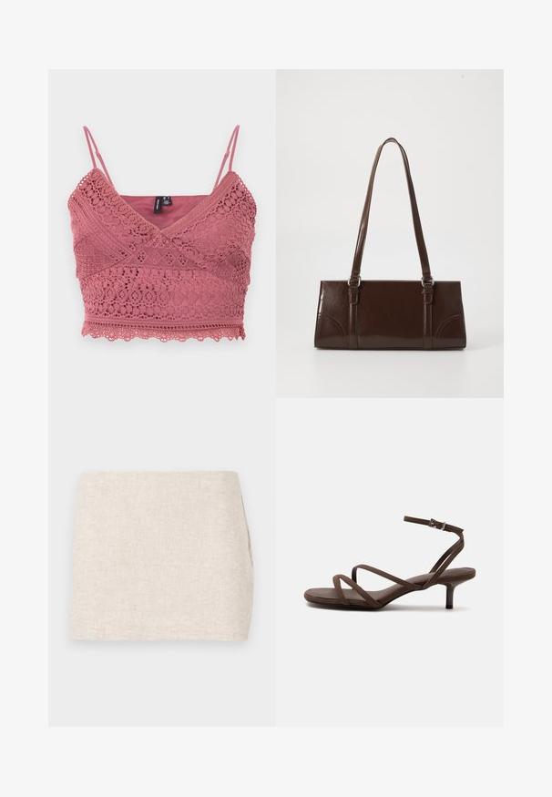 Rosenpink hæklede bralette med justerbare spaghetti-stropper, bølget kant og indviklede blondermønstre i stoffet.; Beige linnedyr med et minimalistisk design, der har en glat tekstur og en subtil vævning. Det har en lige, simpel skæring uden synlige lukninger.; Brun højhælet sandal med tynde krydsede stropper og en ankelrem med en sølvspænde på en hvid baggrund.; Brun lakeret håndtaske med rektangulær form, to lange håndtag og subtile buede detaljer på fronten.