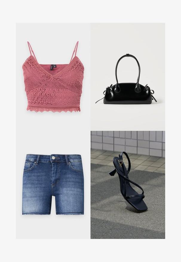 Rosenpink hæklede bralette med justerbare spaghetti-stropper, bølget kant og indviklede blondermønstre i stoffet.; Denimshorts i en mellemblå vask med lige snit. Har slidte områder, en frontlomme og en rå kant forneden.; Sort hællet sandal med firkantet tå, der har tynde stropdetaljer og en lille blokhæl. Glat, skinnende materiale med guldfarvet accent.; Lille sort blank håndtaske med to lange håndtag og snøre-detaljer i siden på en ensfarvet lys baggrund.
