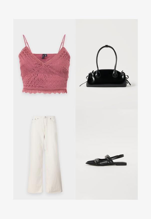 Bralette en crochet rose pâle avec des bretelles spaghetti réglables, un ourlet festonné et des motifs en dentelle complexes sur tout le tissu.; Pantalon en denim blanc à jambes larges avec taille à cordon, poches avant et détails de couture subtils. Fabriqué en coton robuste.; Even&Odd by Zalando Ballerines à brides arrière - black; Petit sac à main noir brillant avec deux longues anses et des détails à cordon sur les côtés sur un fond clair uni.