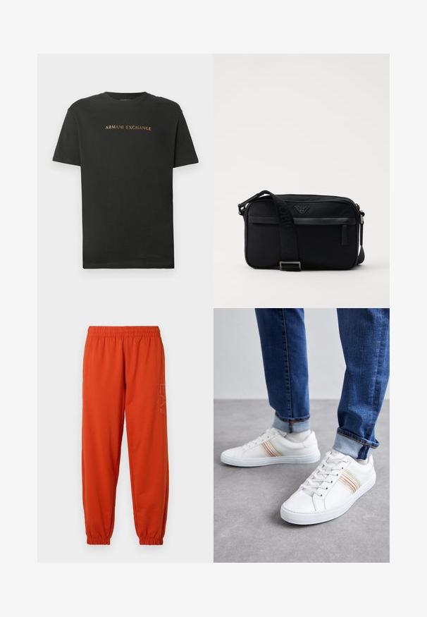 Must mustagaid, lühikeste varrukatega, ümmarguse kaelusega T-särk, millel on rinnaesisel kuldsete tähtedega trükitud "ARMANI EXCHANGE".; Oranžid tostadid elastse vöö ja varrukatega. Külgedel on trükitud logo. Valmistatud pehmest, tekstuursetest kangast.; Valged nahast spordijalatsid mitmevärviliste triipudega, nööriga disain, kummist talla ja pehmendusega krae, kombineeritud siniste teksadega.; Musta nailonist õlakott kontrastse rihmaga, stiilne ristkülikukujuline kuju, logo detail ja esipoolse lukuga tasku.