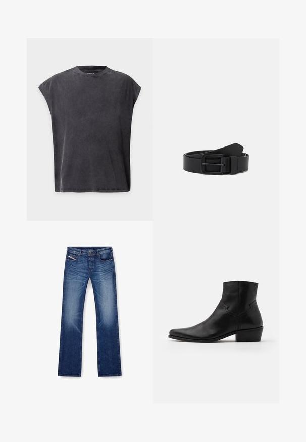 Schwarzes ärmelloses T-Shirt mit Rundhalsausschnitt, lässiger, kastiger Passform und leicht abgesenkten Schultern auf einfarbigem Hintergrund.; Blaue Jeans aus Denim mit geradem Bein, fünf Taschen und passendem Stich. Der Stoff hat eine glatte Textur mit leichter Ausbleichung.; Schwarze Leder-Ankle-Boots mit spitzer Zehenpartie, minimalen Nähdetails, einem mittelhohen Blockabsatz und einer glatten, polierten Oberfläche.; Schwarzer Ledergürtel mit matter Oberfläche, rechteckiger Metallschnalle und glatter Textur. Verfügt über ein klares Design ohne sichtbare Muster.