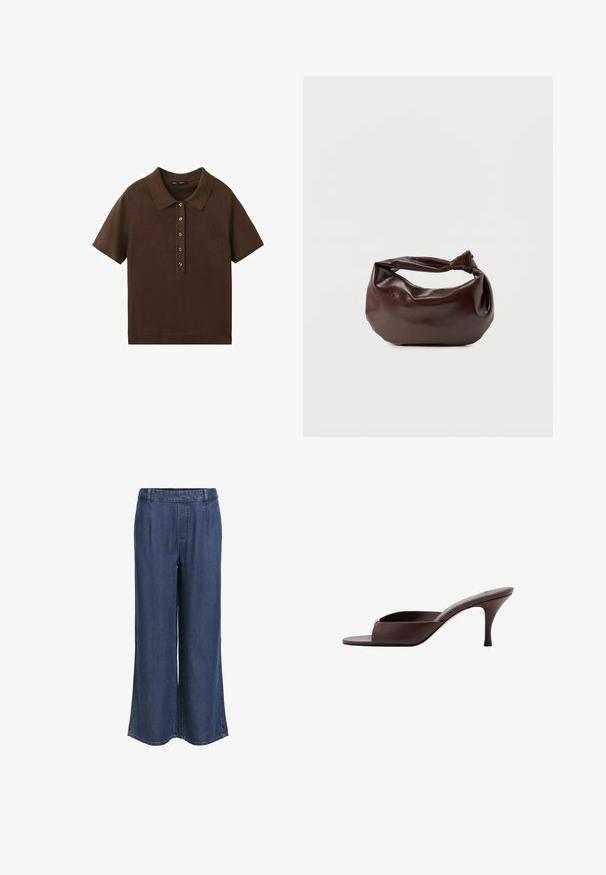 Polo en maille brun à manches courtes avec cinq boutons sur le devant et un col classique, présenté sur fond blanc.; Pantalon en denim bleu foncé à jambe droite avec une taille élastique et des passants de ceinture, sans poches visibles, présenté sur un fond blanc.; Mule marron foncé à bout ouvert, talon bas incurvé et large bride sur l'avant.; Sac bandoulière en cuir marron foncé avec une forme souple et décontractée et une anse nouée torsadée sur un fond blanc uni.