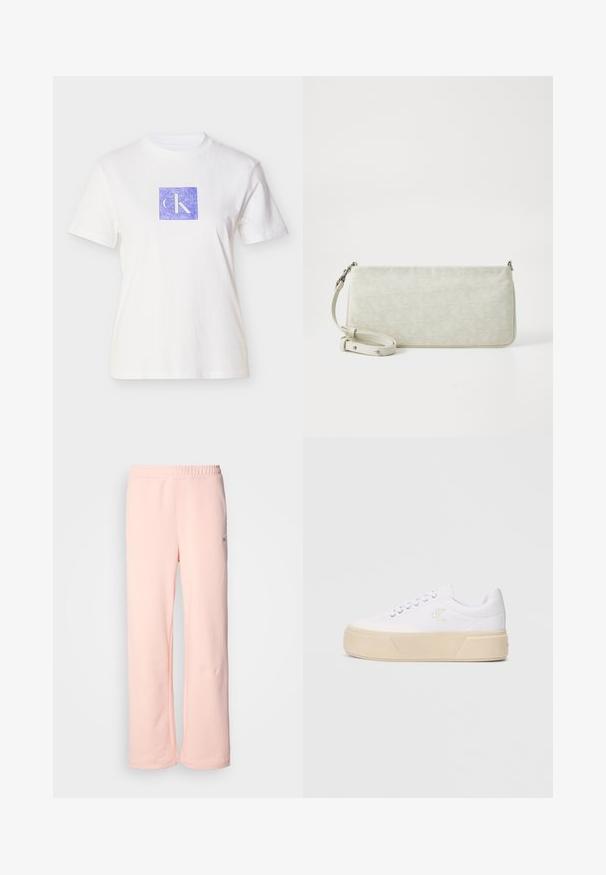 Weißes Baumwoll-T-Shirt mit einem lila Quadratdesign und den Buchstaben "CK" in einem hellen Farbton. Kurze Ärmel und Rundhalsausschnitt.; Rosa Baumwoll-Sweatpants mit weitem Beinsaum, elastischem Bund und minimalen Nahtdetails. Verfügt über ein kleines Logo-Tag an der Seite.; Weiße Leinenschuhe mit einer massiven beigefarbenen Plattformsohle, die ein dezentes gesticktes Logo an der Seite und ein klassisches Schnürdesign aufweisen.; Weiße, gemusterte Clutch-Tasche mit einer schlanken rechteckigen Form, glatter Textur und verstellbarem Trageriemen. Mit dezentem Logodesign und silbernen Beschlägen.