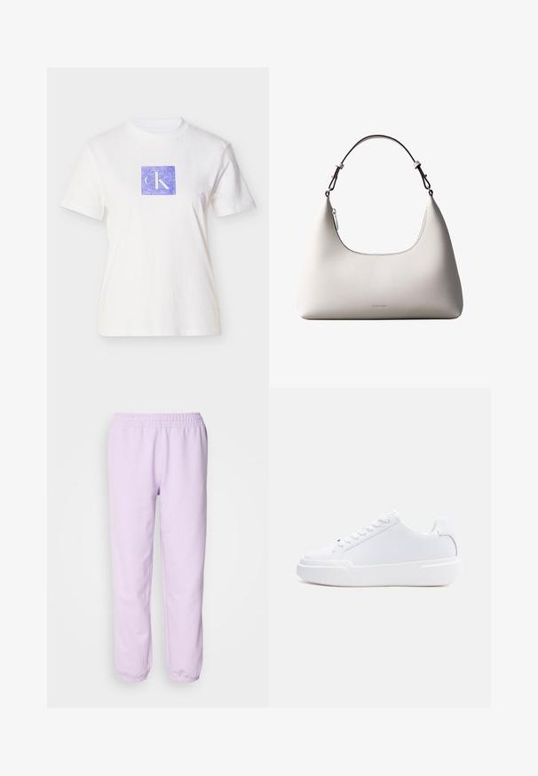 Hvid bomulds t-shirt med et lilla kvadratisk design med bogstaverne "CK" i en lys nuance. Kortærmet og med rund halsudskæring.; Lys lilla sweatpants lavet af blødt stof, med elastisk talje og elastiske manchetter ved anklerne. Enkel design, ingen mønstre.; Hvid lavtop-sneaker med snørelukning, tyk sål og glat overdel, vist fra ydersiden mod en ensartet lys baggrund.; Cremefarvet skuldertaske i læder fra Calvin Klein med buet topkant, sølvfarvet lynlås og mørkebrun justerbar rem.